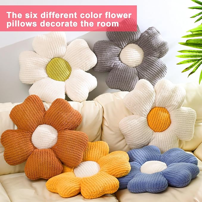 6 Pcs Flower Shaped Pillows Daisy Floor Throw Pillows 15 Inch Flower Seat Cushion for Reading Sofa Couch Bed Decor for Christmas Back to School Classroom(Light Color)