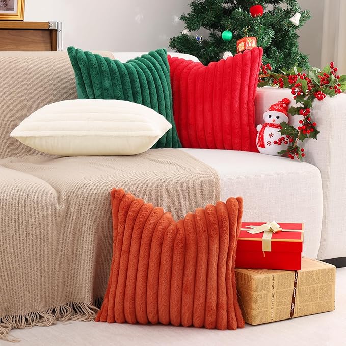 Pallene Faux Fur Plush Christmas Throw Pillow Covers 26x26 Set of 2, Luxury Soft Fluffy Striped Decorative Pillow Covers for Sofa, Couch, Living Room, Christmas Green