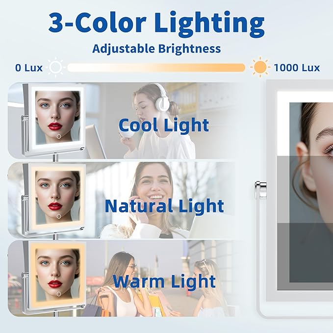 Ruacq Rechargeable Wall Mounted Makeup Mirror with Lights, Double Sided 1X/10X Magnifying Vanity Mirror with 3 Color Lighting, Touch Screen Dimmable, 360° Rotation Extension Foldable Arm(Chrome)