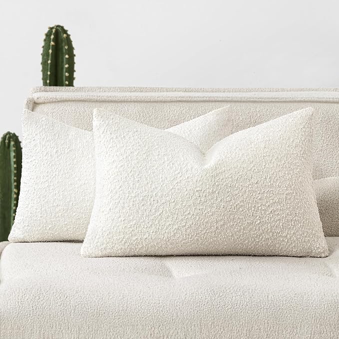 Woaboy Pack of 2 12x20 Inch Decorative Boucle Throw Pillow Covers Textured Lumbar Pillowcaes Accent Solid Cozy Soft Cushion Covers Christmas Home Decor for Bed Sofa Couch Living Room Chair,White