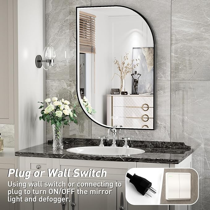 24X32 Inch LED Mirror for Bathroom with Lights,Black Frame Lighted Irregular Wall Mirror,Asymmetrical Vanity Mirror,Anti-Fog,Dimmable