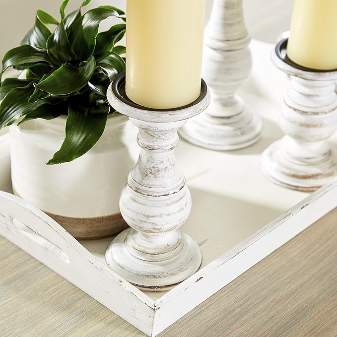 Deco 79 Mango Wood Decorative Candle Holder Turned Style Pillar Candle Stand, Set of 3 Candlestick Holder 10", 8", 6”H, White