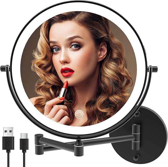 Rechargeable Wall Mounted Lighted Makeup Vanity Mirror 9 Inch Double Sided 1X 10X Magnifying Bathroom Mirror, 3 Color Lighting, Touch Screen Dimming, 360 Rotation Shaving Mirror Matte Black