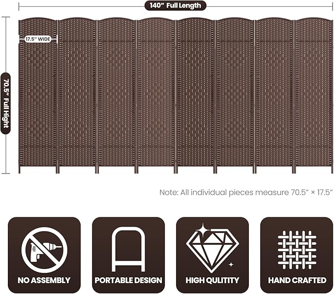 8 Panel Room Divider,6Ft Folding Privacy Screen,Tall - Extra Wide Foldable Panel Partition Wall Divider with Diamond Double-Weaved Hand-Woven Design Room Screen Divider