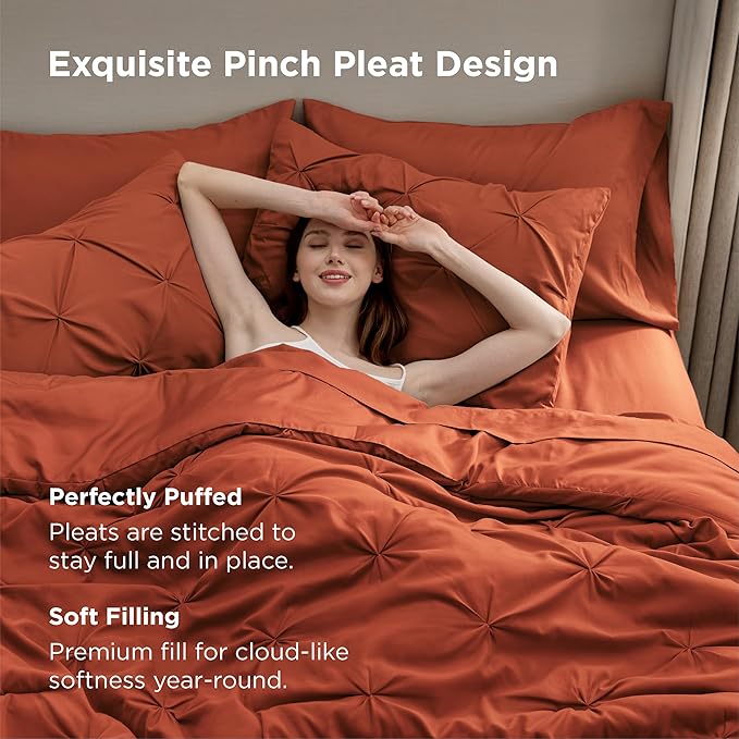 Bedsure Twin Comforter Sets - 5 Pieces Pintuck Bedding Sets Twin Size, Pinch Pleat Burnt Orange Bed in a Bag Twin with Comforter, Sheets, Pillowcase & Sham