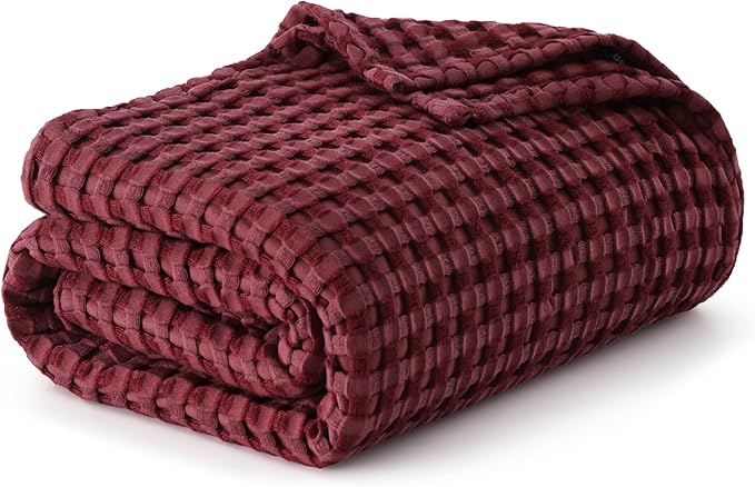 Bedsure Cooling Cotton Waffle King Size Blanket - Lightweight Breathable Blanket of Rayon Derived from Bamboo for Hot Sleepers, Luxury Throws for Bed, Couch and Sofa, Burgundy, 104x90 Inches
