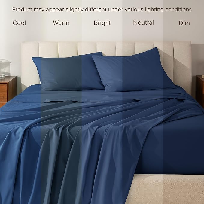 Bare Home 100% Organic Cotton Queen Sheet Set - Crisp Percale Weave - Lightweight & Breathable - Bedding Sheets & Pillowcases (Queen, Dark Blue)