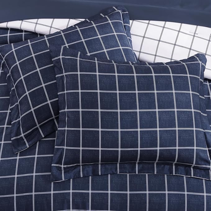 Plaid Queen Size Comforter Set Dark Blue, Reversible Checkered Bedding Set 7 Pieces for Boys Girls Teen, Lightweight All Season Bed in a Bag with Sheets, Pillowcases & Shams