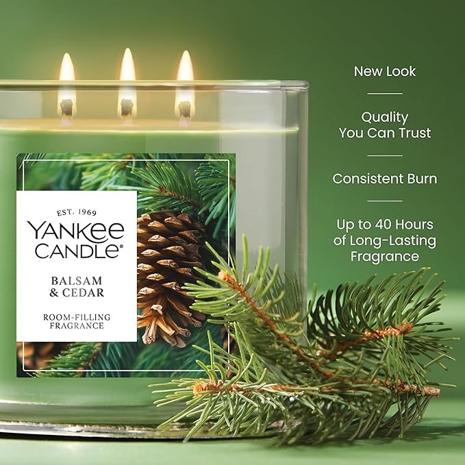 Yankee Candle 3 Wick Candle Jar, Scented Candle with up to 40 Hours of Burn Time, Premium Plant Wax Blend for Consistent Long Lasting Scent from First to Last Burn, Balsam & Cedar