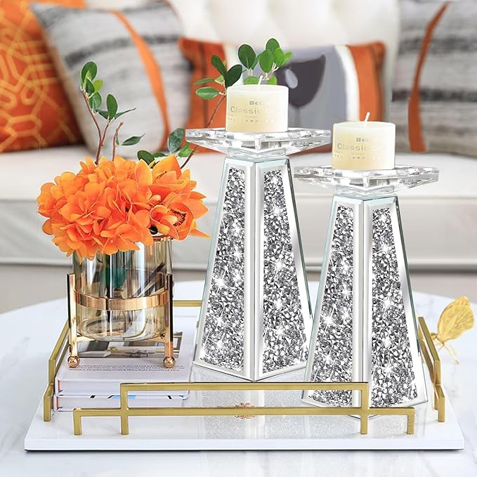 Wocred 2 Piece Candlestick Holders for Holding Pillar Candles, Crystal Crushed Diamond Candle Holders Set Decor for Dinning Room, Silver Glass Votive Candle Holders for Table Centerpiece(8”)