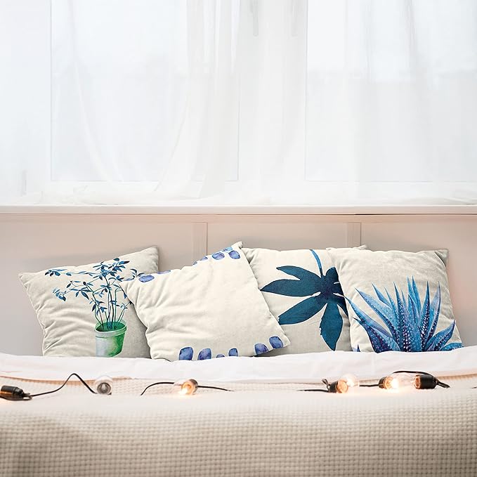 Ambesonne Botanical Throw Pillow Cushion Case Pack of 4, Minimalist Watercolor Painting Leaves Agave Branches Plant in a Pot, Modern Accent Double-Sided Digital Printing, 18", Dark Turquoise Ceil Blue