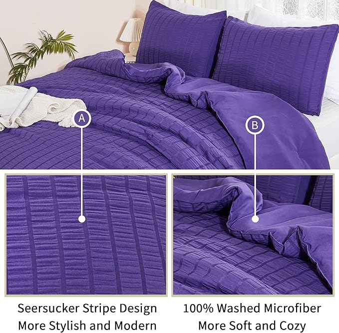 AveLom Dark Purple Seersucker California King Comforter Set (104x96 inches), 3 Pieces-100% Soft Washed Microfiber Lightweight Comforter with 2 Pillowcases, All Season Down Alternative Bedding Set