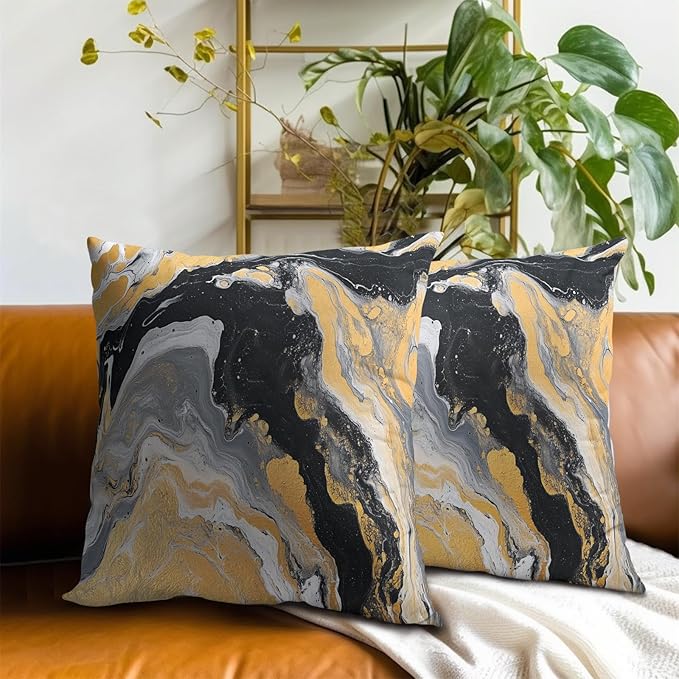 Black Yellow Marble Pillow Covers - Grey Silver Marbles Throw Pillow Covers Abstract Fluid Art Ink Pillowcases 16x16 Set of 2 Decorative for Couch Sofa Car Bedroom