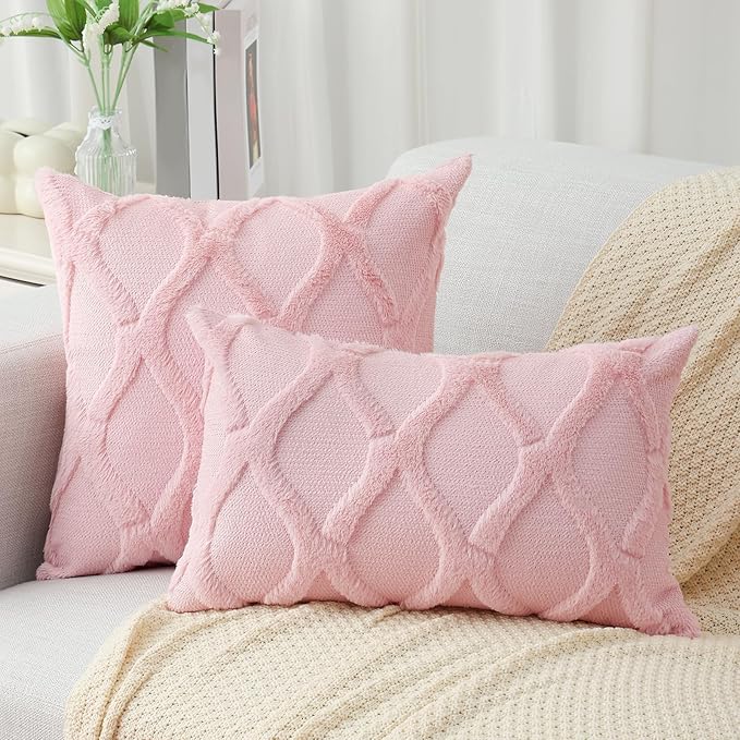 decorUhome Throw Pillow Covers 20x20 Inch Set of 2, Soft Plush Faux Fur Wool Light Pink Couch Pillow Covers, Decorative Neutral Pillow Cases for Bed Sofa Living Room Home Decor
