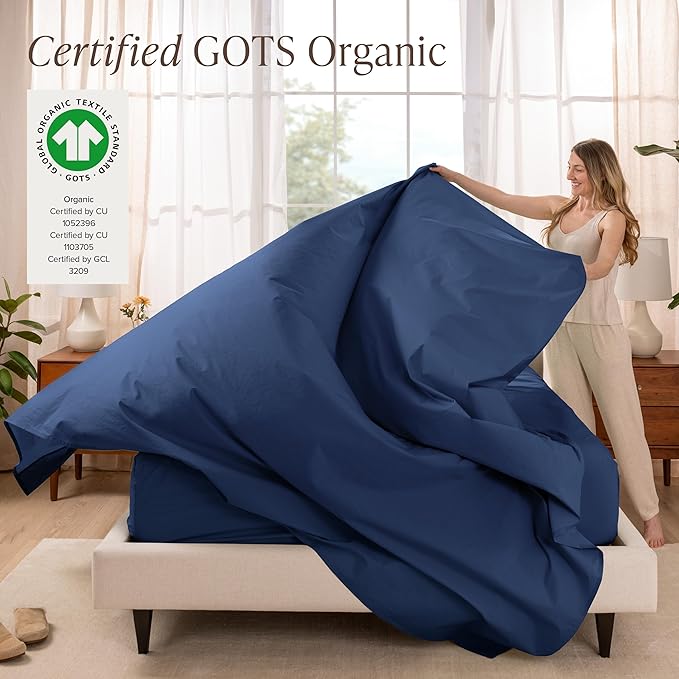 Bare Home 100% Organic Cotton Queen Sheet Set - Crisp Percale Weave - Lightweight & Breathable - Bedding Sheets & Pillowcases (Queen, Dark Blue)