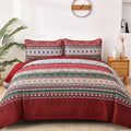 WONGS BEDDING Boho Queen Quilt Set, Red Bohemian Quilt Bedding Set, Lightweight Bed Decor Bedspread for All Season Reversible Microfiber Coverlet Bedding Set 96"x90"(3 Pieces)