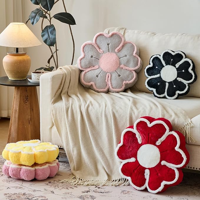 Flower Shaped Decorative Throw Pillow Cushion for Bed Couch, Cute Flower Plush Throw Pillows Home Decor Floor Pillow Seating Cushions (Black, 17.7 Inches)