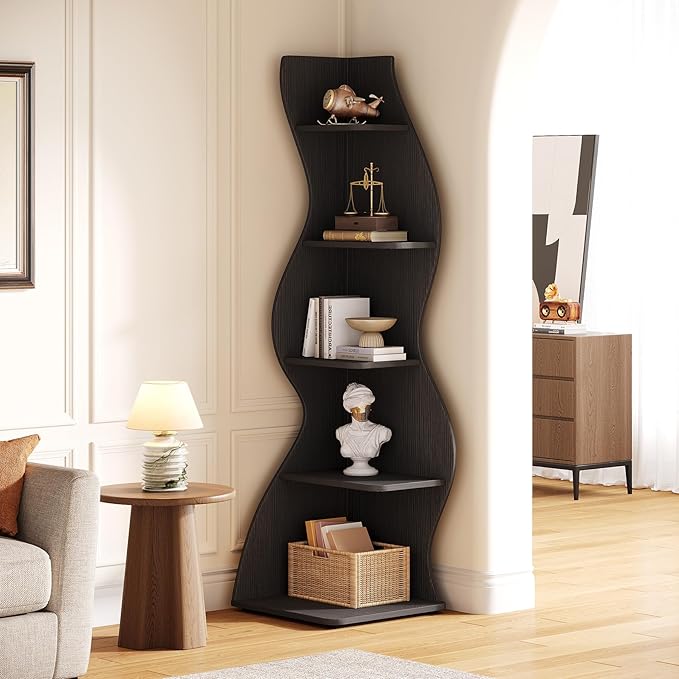 Tribesigns Wavy Corner Shelf, Modern 5-Tier Bookshelf Bookcase with Curvy Shape, Unique Plant Stand Display Rack for Living Room Small Space (Black)