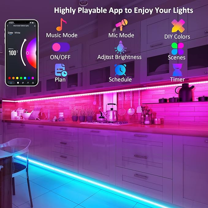 maylit 10 PCS Smart RGB Under Cabinet Lights Kit, Compatible with Alexa and Google Assistant, App and Remote Control, Music Sync Color Changing, Timer, Dimmable, for Cabinet, Counter, Shelf, Bookcase