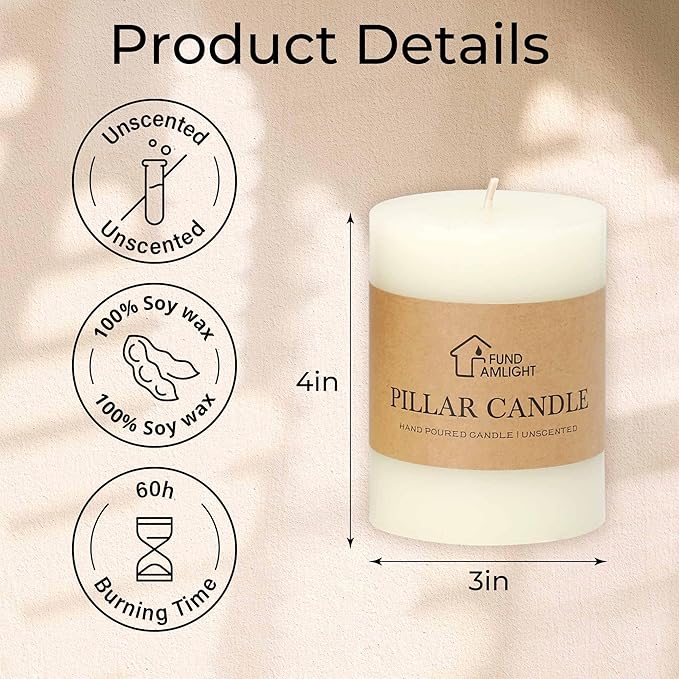 3x4 Inch White Pillar Candles Set of 3 - Decorative Unscented Pillar Candle, Long Burning Dripless Candles for Table Decor, Smokeless Large Pillar Candle for Wedding, Dinner, Rustic Home Decor