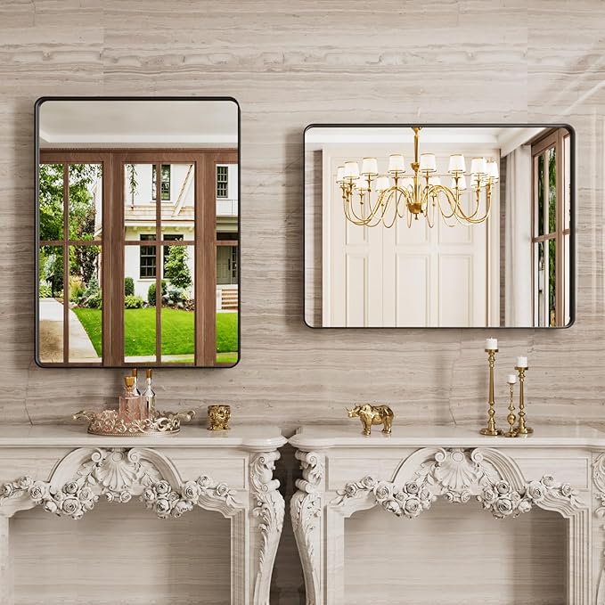 Black Bathroom Mirror 24X36 Inch, Black Metal Framed Mirror for Wall, Rounded Rectangle Matte Bathroom Vanity Mirror with Tempered Glass, Anti-Rust, Horizontal/Vertical