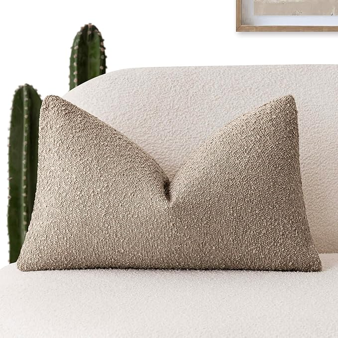 Foindtower Decorative Textured Boucle Throw Pillow Covers Accent Solid Lumbar Pillow Cases Neutral Cozy Couch Cushion Case for Chair Sofa Bedroom Living Room Home Decor 12x20 Inch,1PC,Light Khaki Tan