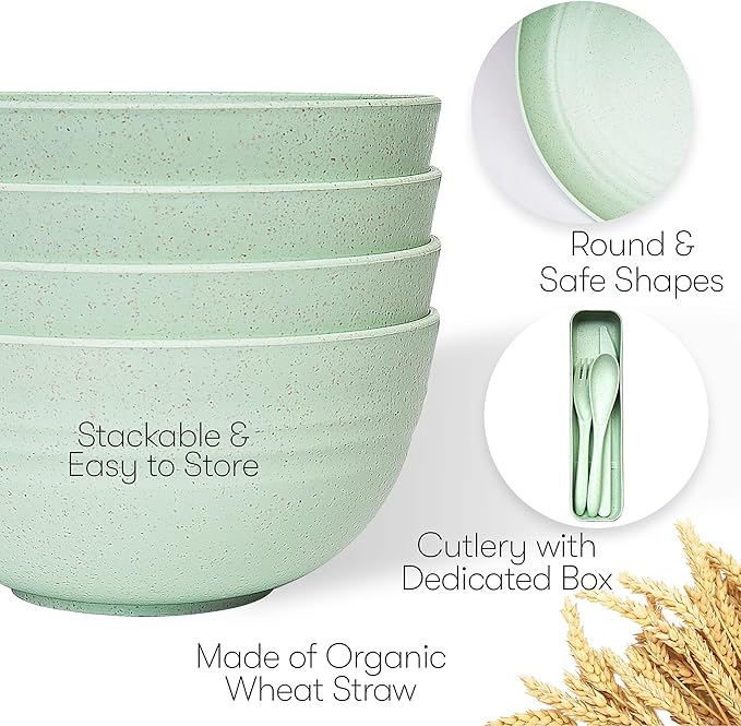 Wheat Straw Dinnerware Sets | Unbreakable Dinnerware Sets | Dishwasher Microwave Safe Dinnerware | Eco Friendly Non Breakable Dinnerware Sets | RV Outdoor Camping (Green, Service for 4 (28 pcs))