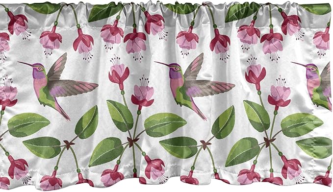 Lunarable Hummingbird Window Valance, Retro Arrangement Exotic Animal Pattern Needlework Inspired Illustration, Curtain Valance for Kitchen Bedroom Decor with Rod Pocket, 54" X 12", Pink Green