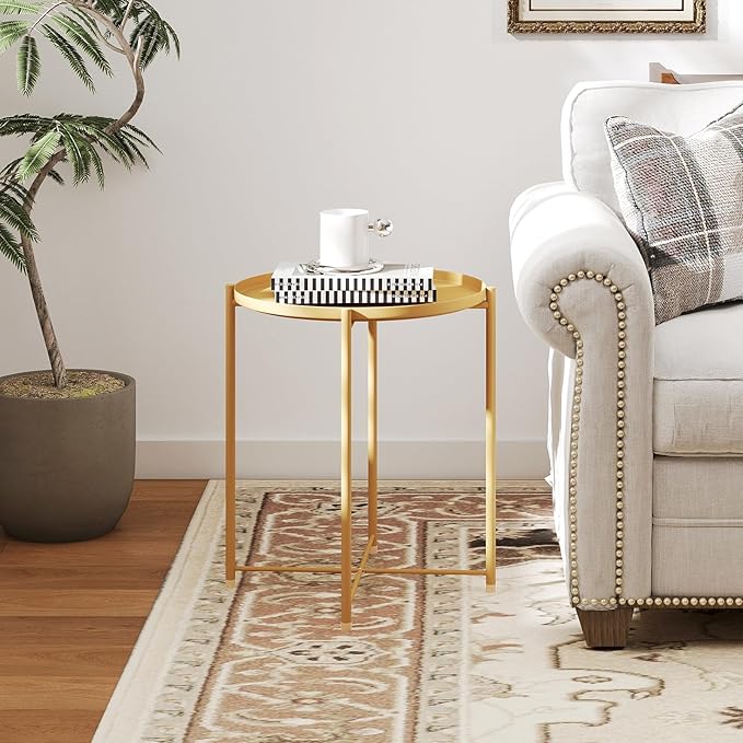 HollyHOME Round Metal Side Table, Outdoor Small Folding Accent Stand with Removable Tray, 17.72'' Portable End Table for Balconies, Gardens, Living Rooms and Bedrooms, Yellow