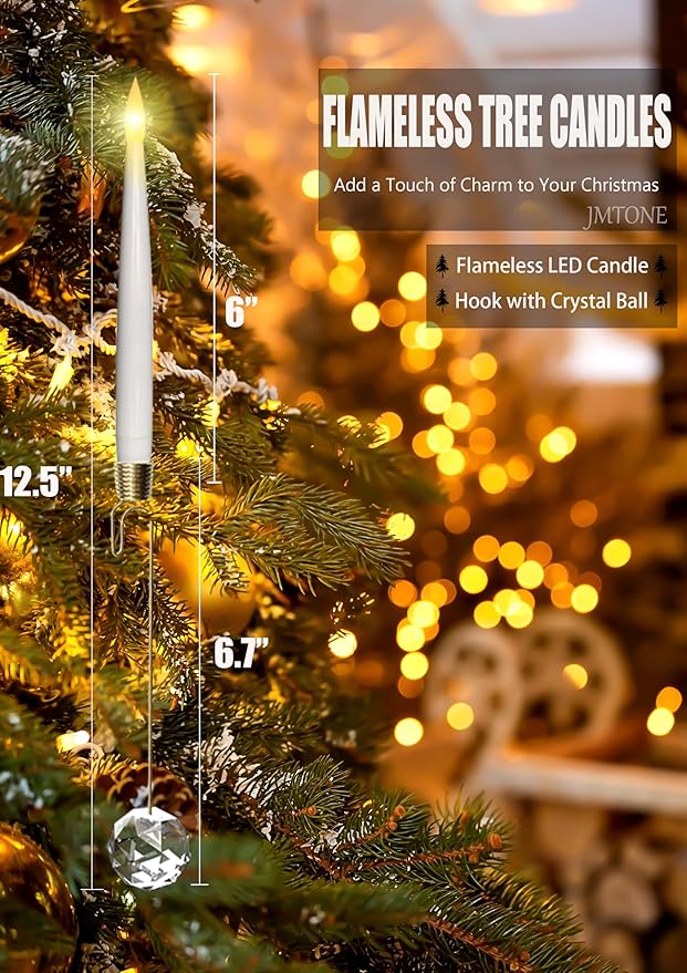 Christmas Tree Candles, 12 Pack Flameless Taper Candles for Christmas Tree Decor, Battery Operated with Remote Flickering LED Candles with Clear Crystal Ball Gold Hook for Xmas Wedding Home Gift
