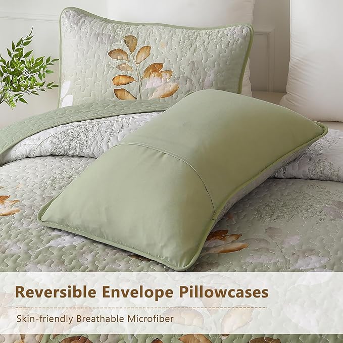 WONGS BEDDING Quilt Set Queen Size,3 Pieces Green-Brown Floral Bedspread Coverlet Set, Soft Microfiber Lightweight Floral Bedding Set Queen 96"×90"