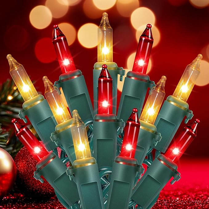 Hopolon Christmas Lights Indoor Outdoor, 2 Pack 13 FT 50 Count Incandescent Mini String Light, Green Wire Christmas Tree Lights Waterproof for Holiday Wedding Valentine's Day Decor, Red and Clear