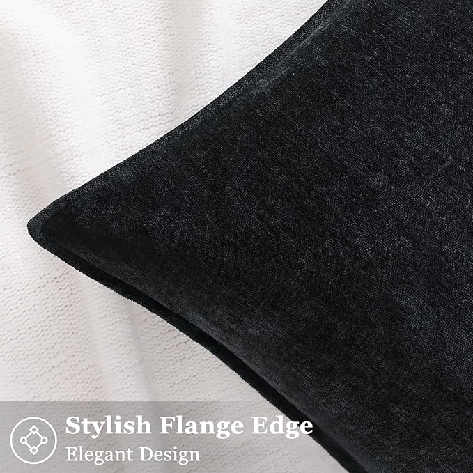 decorUhome Couch Throw Pillow Covers 22x22 Set of 2, Decorative Soft Euro Neutral Chenille Pillow Covers with Elegant Design for Sofa Bed Living Room Home Decor, Black