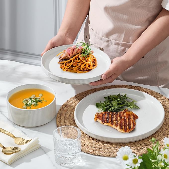 E-far 24-Piece Stoneware Dinnerware Sets, Plates and Bowls Sets for 8, Kitchen Modern Dinning Porcelain Dishes Set, Chip & Scratch Resistant, Dishwasher & Microwave Safe, Speckled White