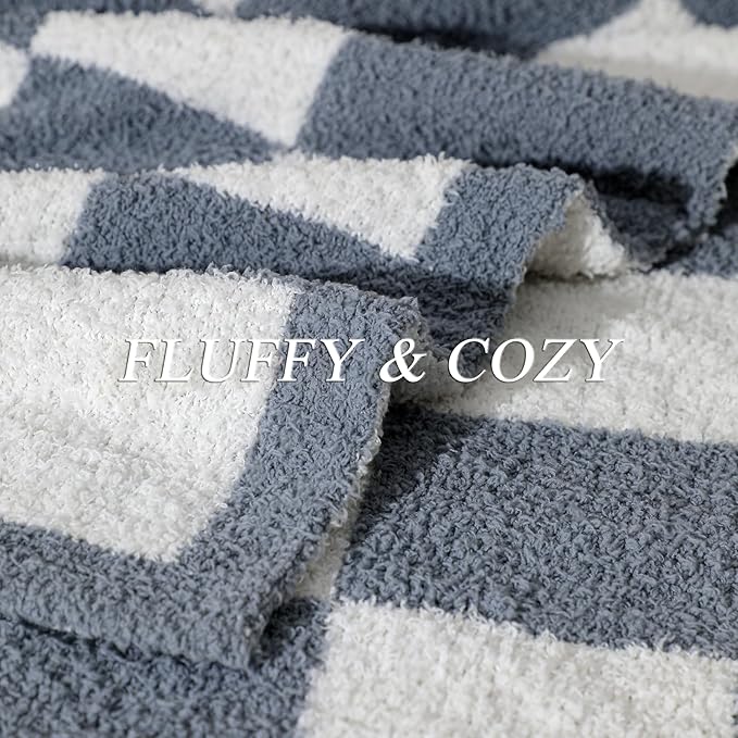 bearberry Fuzzy Checkerboard Grid Throw Blanket Knitted Soft Cozy Warm Microfiber Blanket Decor for Couch Sofa Bed Home Travel (Charcoal Grey, 40''x50'')
