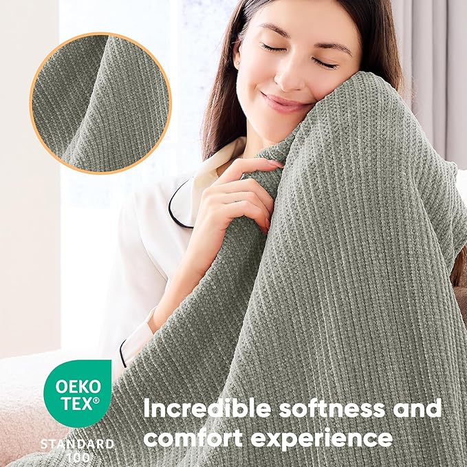 inhand Throw Blanket for Couch Bed,Chunky Chenille Woven Soft Blankets with Tassels, Cozy Boho Farmhouse Fall Winter Decor,Warm for Women,60"x80",Medium Thick-Light Grey