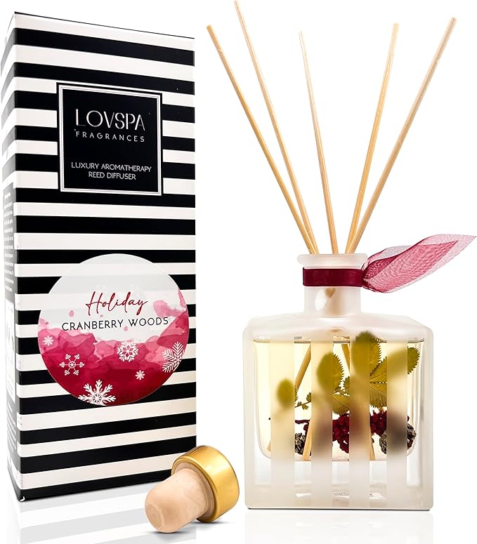 LOVSPA Reed Diffuser Set, Holiday Red Currant & Woods Scented Oil Diffuser with Sticks, Home Fragrance Accessories for Bathroom Shelf Decor, Aroma Diffusers for Home or Office Desk, USA Made
