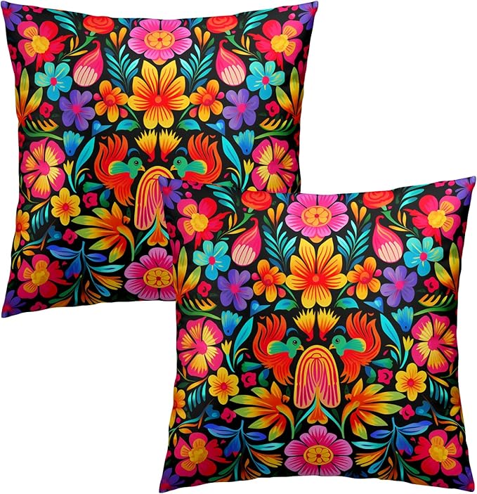 Mexican Throw Pillow Covers 20x20 - Mexico Pillow Cover Colorful Flowers Pillowcase Set of 2 Floral Birds Cushion Cover for Bedroom Home