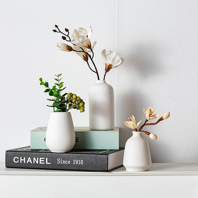 White Ceramic Bud Vase Set of 11, Small Vases for Pampas Grass, Flowers, Mini Vases for Modern Home Decor, Minimalist Decor, for Living Room, Dining Table & Shelves