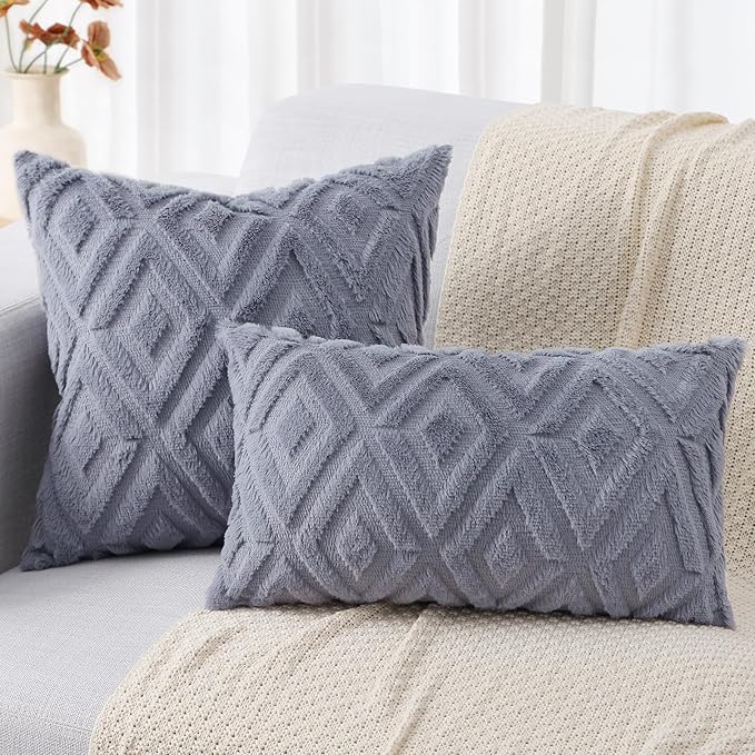decorUhome Couch Throw Pillow Covers 26x26 Set of 2, Decorative Soft Plush Faux Wool Neutral Accent Pillow Covers for Bed Sofa Living Room, Blue Grey