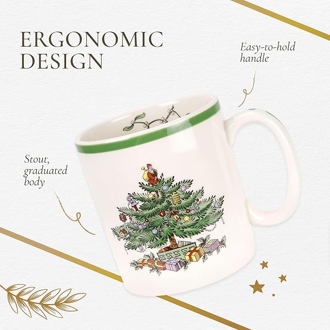 Spode Christmas Tree Mugs Set of 4 – Iconic Tree Pattern, Holiday Beverage Mugs with 9 oz Capacity – Dishwasher Safe, Festive Hot-Drink Cups in Durable Stoneware for Cocoa, Tea & Coffee