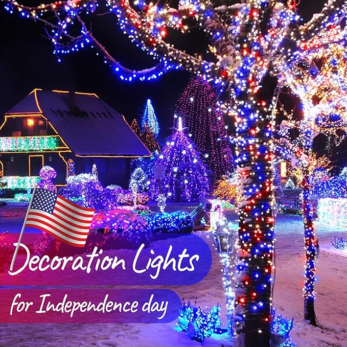 4th of July Decoration Patriotic Mini String Lights - 200 Count 50 Feet Red White Blue Christmas Lights Green Wire Waterproof for Indoor Outdoor Xmas Holiday Party Patio Independence Day Decoration