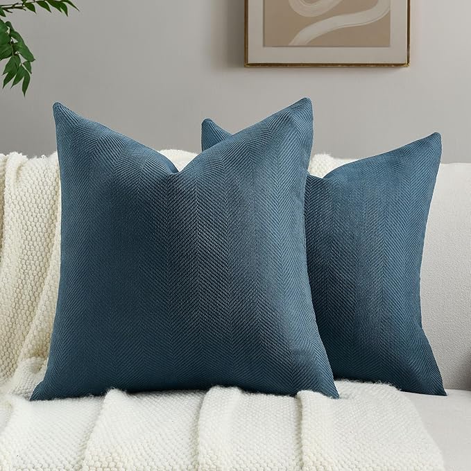 FUTEI Navy Blue Chenille Throw Pillow Covers 26x26 Inch Set of 2,Soft Wide Chevron Textured Euro Pillow Shams,Farmhouse Home Decor for Couch Living Room