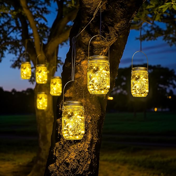 GIGALUMI Hanging Mason Jar Solar Lights, 6 Pack 30 Led Tinplate Lids Hanging Solar Lanterns Outdoor Waterproof, Hangers and Jars Included, Outdoor Decor for Balcony, Garden, Patio, Yard, Wedding