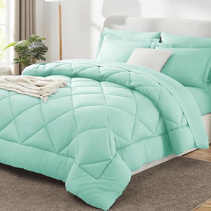 CozyLux King Size Comforter Set Mint Green - 7 Pieces Bed in a Bag King, Luxury Soft Bed Set for All Seasons, Bedding Set with Down Alternative Comforter, Sheets, Pillowcases & Shams