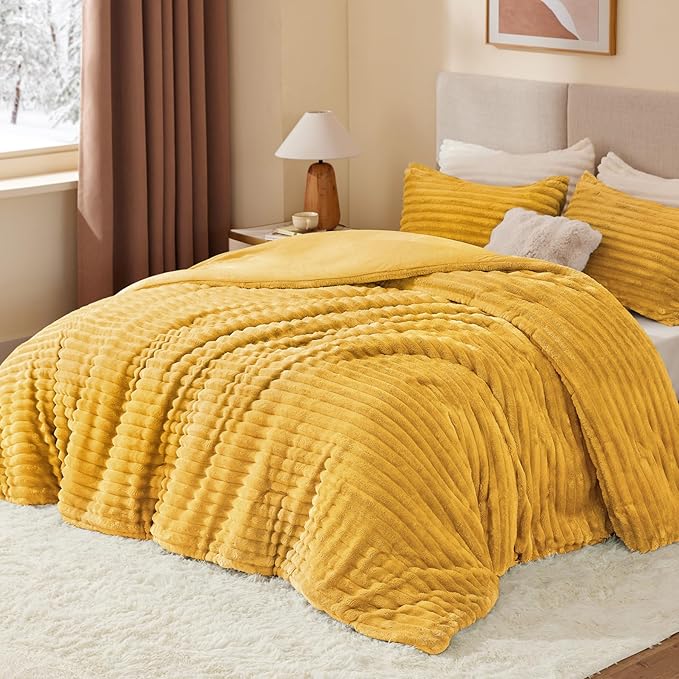 BEDELITE Fleece Queen Comforter Set -Super Soft & Warm Fluffy Mustard Yellow Bedding, Luxury Fuzzy Heavy Bed Set for Winter with 2 Pillow Cases