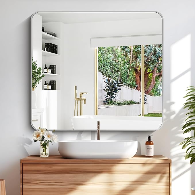 40" x 36"Bathroom Mirror, Silver Wall Mirror with Metal Frame, Decorative Rectangular Vanity Mirror for Bedroom Bathroom Living Room Entryway (Horizontal/Vertical)