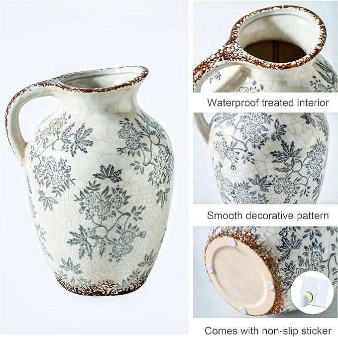 Enra Vintage vase with Handle,Blue and White Ceramic Decorative Flower vase, Chinoiserie Floral Vase,Large Rustic Vases for Home Decors, Living Room, Bookshelf, Office，9.7 inch