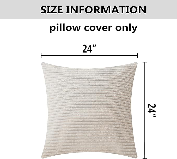 Home Brilliant Striped Velvet Corduroy Euro Throw Pillow Sham Large Cushion Cover for Chair Couch Bench Bed Floor Christmas Decor, 24 x 24 inch (60cm), Cream Cheese