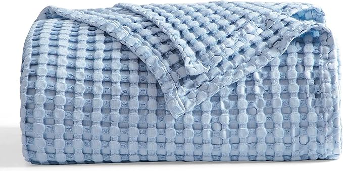 Bedsure Cooling Cotton Waffle Weave Blanket - Lightweight Breathable Blanket of Rayon Derived from Bamboo for Hot Sleepers, Luxury Throws for Bed, Couch and Sofa, Sky Blue, 50x70 Inches